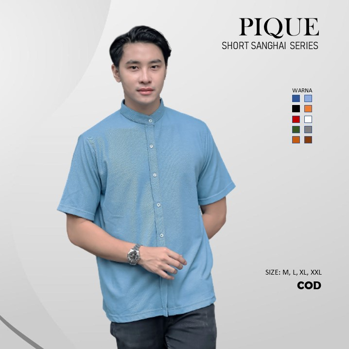 Kemeja Polos Pria Ciangi Lengan Pendek Kerah Sanghai Bahan Pique