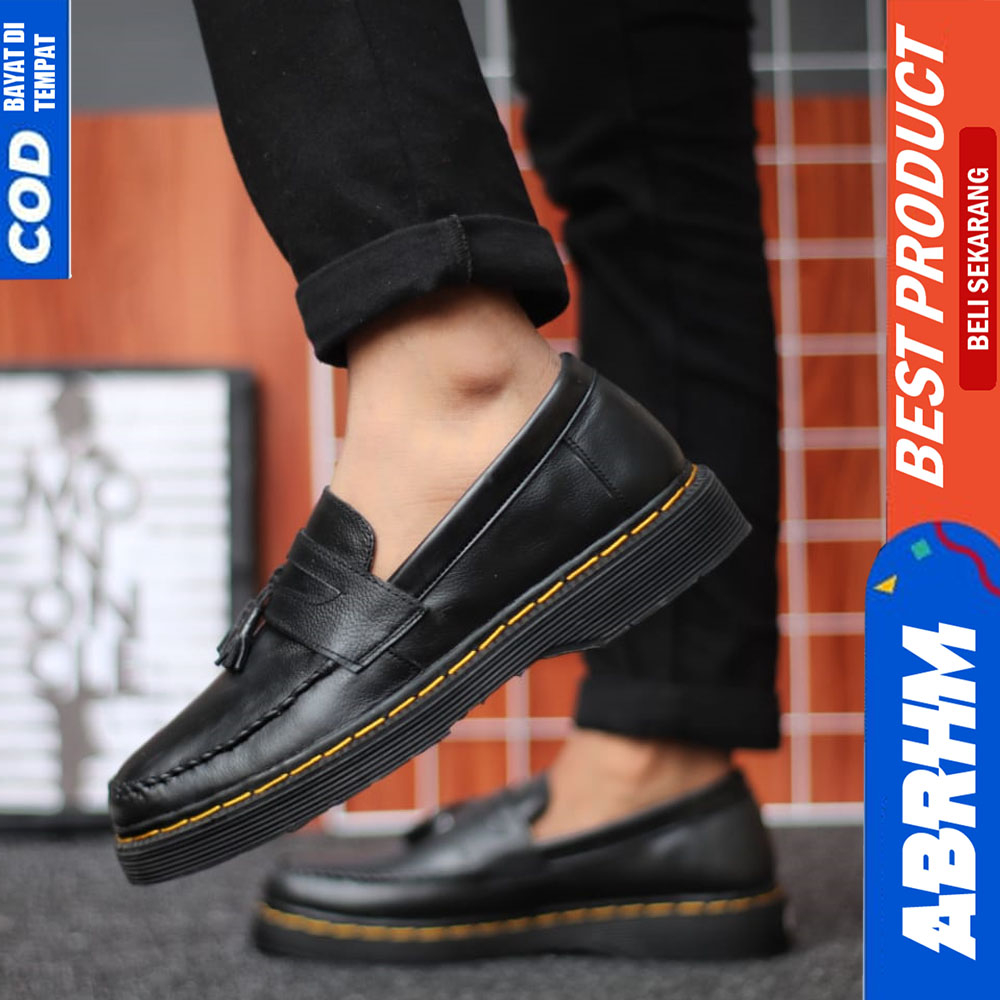 ABRHM Sepatu Loafers Docmart Pria Kulit Asli Kerja Hitam