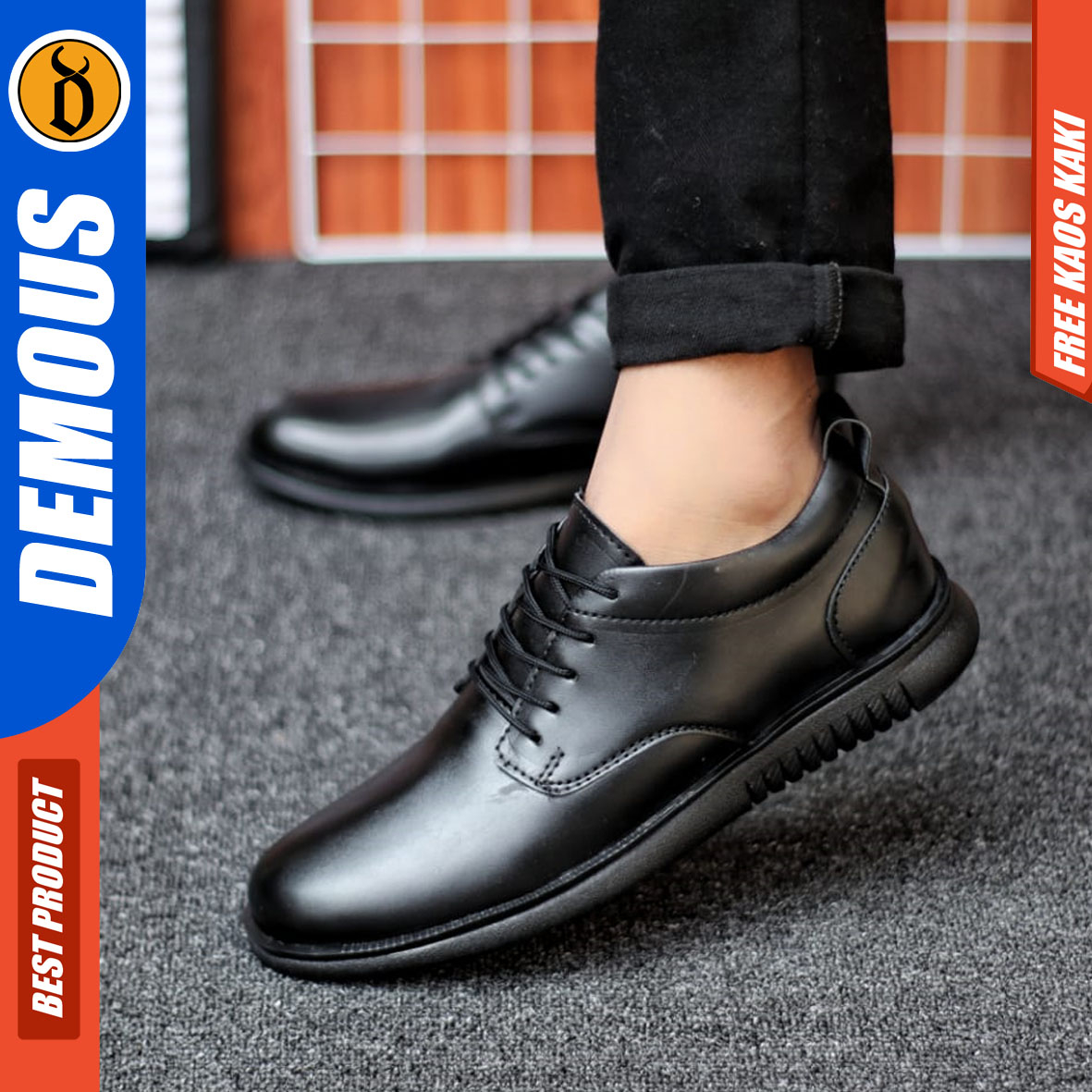 DEMOUS HATTE - Sepatu Formal Pria Kerja Kantor Kulit PU Hitam Pantofel Casual Cowok