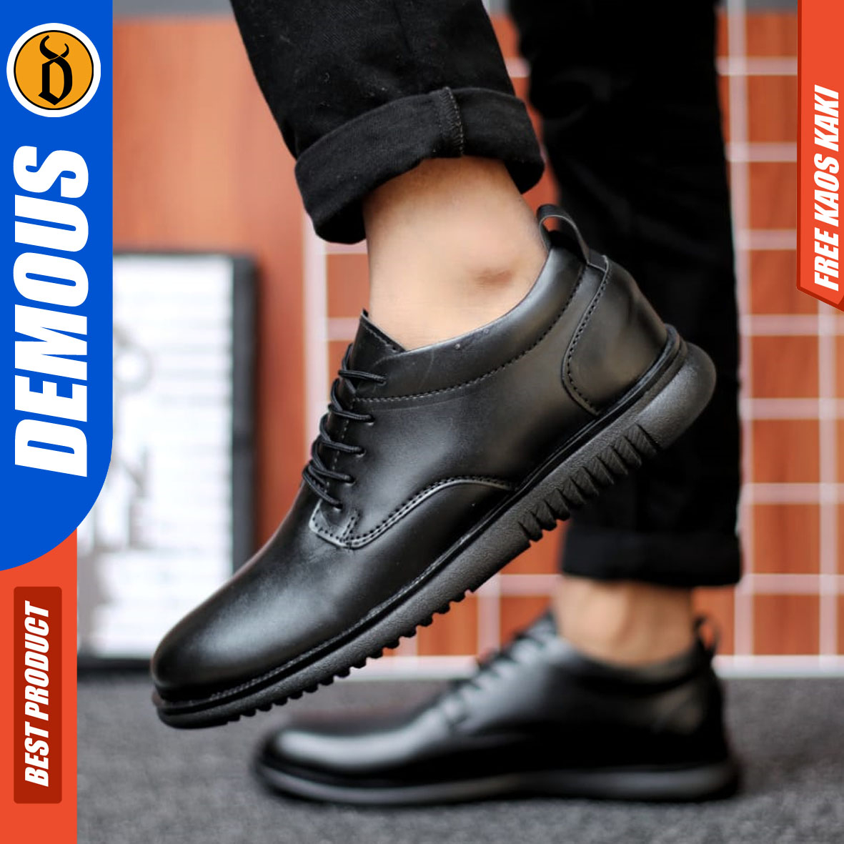 DEMOUS HATTE - Sepatu Formal Pria Kerja Kantor Kulit PU Hitam Pantofel Casual Cowok
