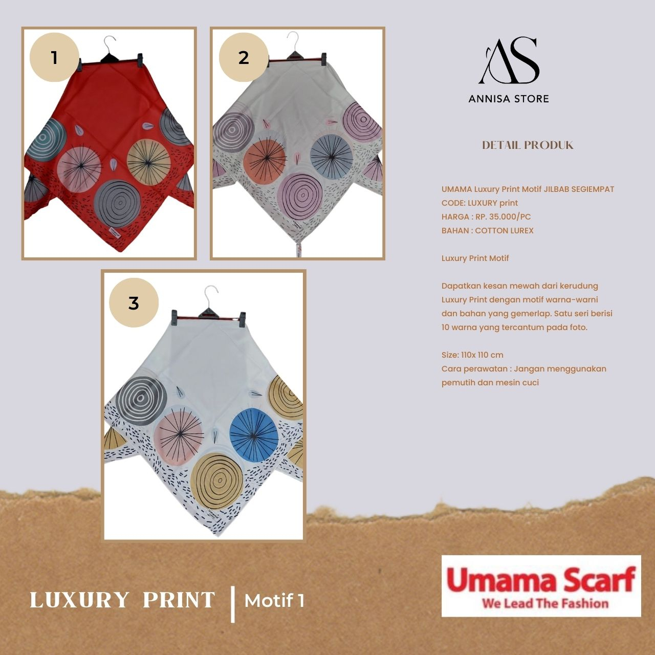 HIJAB SEGI EMPAT UMAMA LUXURY PRINT MOTIF 1 / UMAMA SCRAF JILBAB SEGIEMPAT MODEL LUXURY PRINT MOTIF 