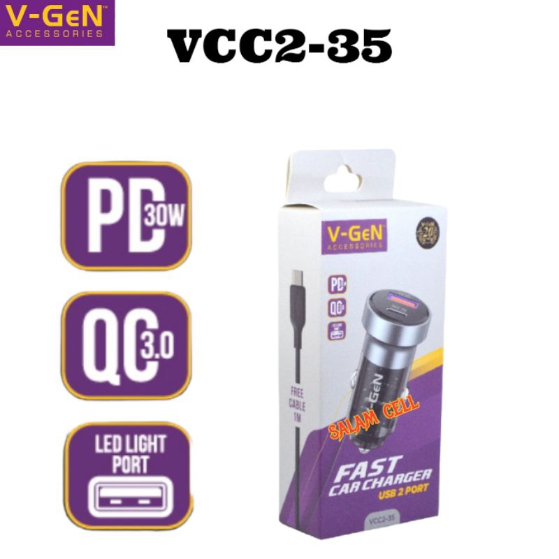 Charger Mobil V-Gen VCC2-35Fast Car Charger USB 2 PORTPD30WQC3.0LED Indicator Original