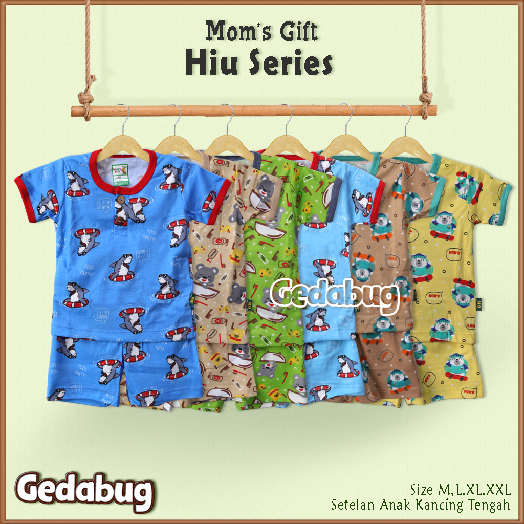 3 Setel - Setelan Anak Pendek Mom's Gift HIU Series | Setelan Kaos anak Kancing Depan Moms Gift | Gedabug