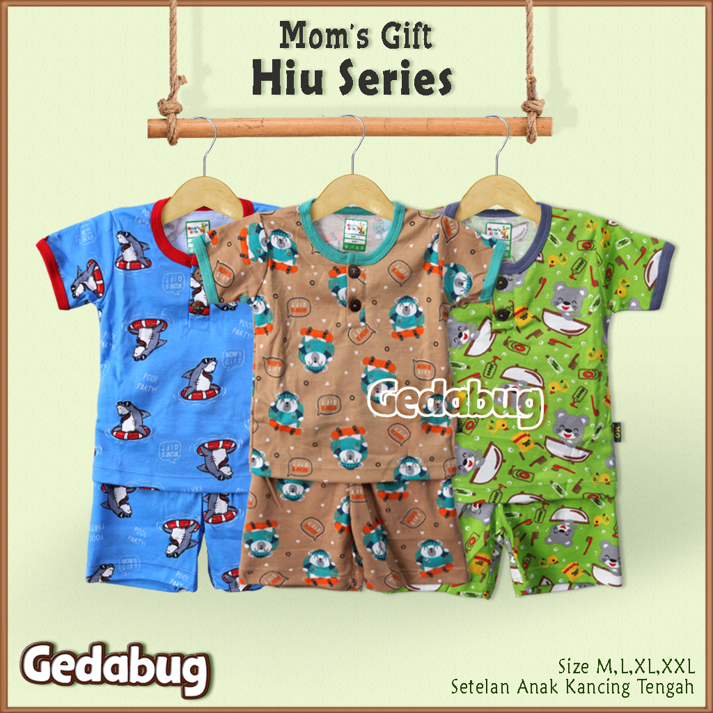 3 Setel - Setelan Anak Pendek Mom's Gift HIU Series | Setelan Kaos anak Kancing Depan Moms Gift | Gedabug