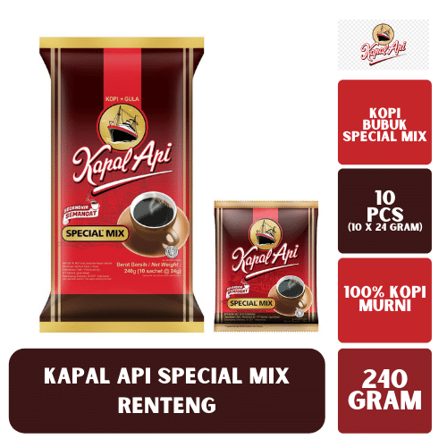 

Kopi Kapal Api Special Mix Kemasan 1 renceng 10pcs / Kopi Hitam / Kapal Api / Kopi Instant / Kopi 3in1