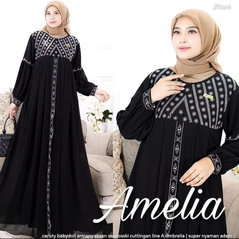 Gamis amelia dress bahan ceruty baby doll premium full furing / busui / resleting depan original