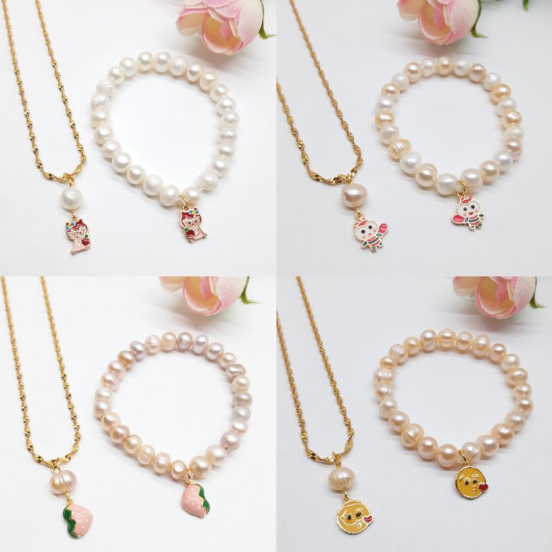 BERSERTIFIKAT SET PERHIASAN MUTIARA ANAK KALUNG GELANG MUTIARA AIR TAWAR LOMBOK