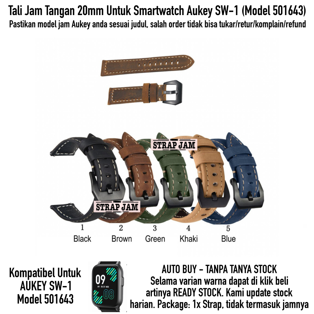 Crazy Horse 20mm Leather Strap Aukey SW-1 SW1 501643 - Tali Jam Tangan Kulit Tebal