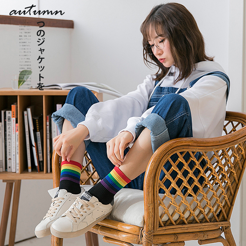 KMK-04 KAOS KAKI PELANGI wanita cotton tebal olahraga casual strip rainbow socks import jepang