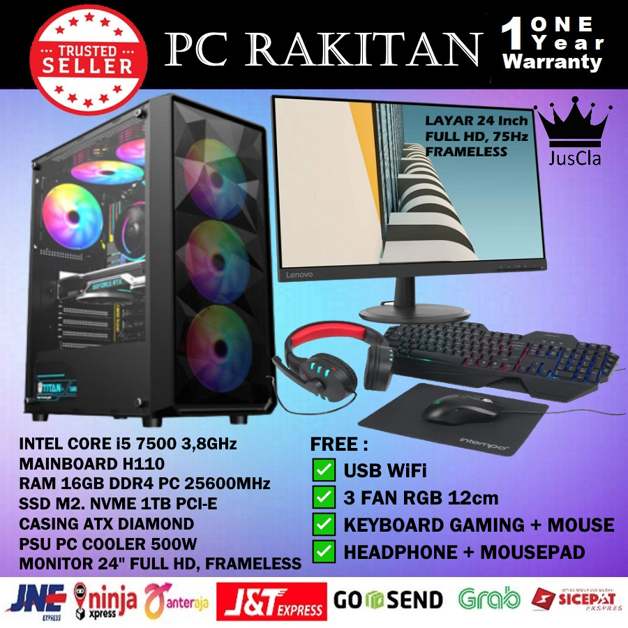 MONITOR 24&quot;+ INTEL CORE i5-7500 3,8GHz PC KOMPUTER|RAM 16GB|NVME 1TB|KEY+MOUSE|USB WiFi, PC Komputer Rakitan, PC Desain/Admin/Office Baru Bergaransi 1 Tahun