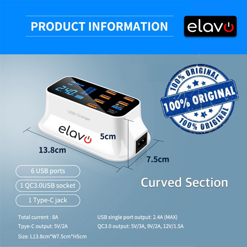 ELAVO 8 Port USB Charger station portable 40W Quick charging Adaptor Multifungsi adapter Original Type C Qualcomm Fast charge android iphone 5A 3A 2A ampere kepala charging Hp handphone devices universal