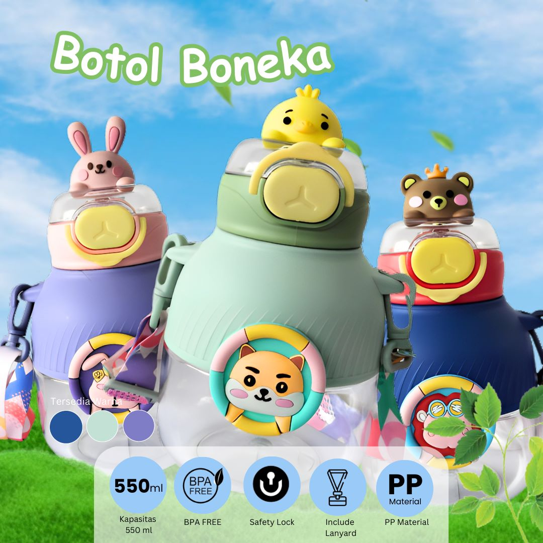 Botol Air Minum Sekolah Aksesories Anak Boneka Karakter Viral 550ML Bpa Free