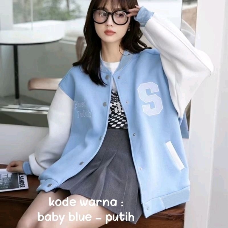Jaket Baseball Big Size ( S - 6XL ) S LOGO Inisial S LOVE FOREVER (Sablon) Jaket Varsity Kancing Bomber FLeece Unisex 6XL 5XL 4XL 3XL 2XL XL L M Jacket Boy Girl Pria Wanita Jumbo Mocca Brown Mix Kombinasi 2 Warna Two Tone Street Style Dusty Baby Pink Blue