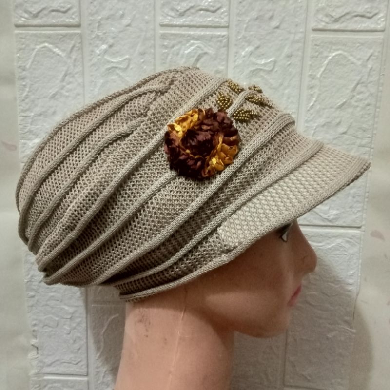 Topi Ciput Turban Rajut Wanita  Dewasa Bunga Besar