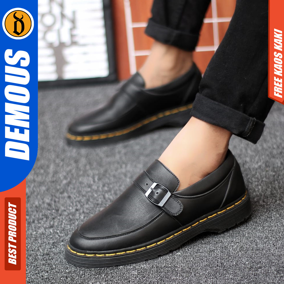 DEMOUS FLUTON - Sepatu Pantofel Formal Loafers Docmart Kerja Hitam Pria