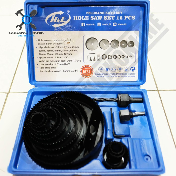 SET Mata Bor Pelubang Kayu 13pcs Dan 16pcs H&amp;L HNL / Holesaw Kit Mata Bor Lubang Kayu Triplek Pipa PVC 13 Pcs Dan 16 pcs H&amp;L HL