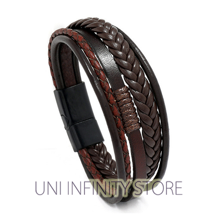 JWLB0356 Gelang Kulit Hitam Cokelat Magnet Simple 3 Tali 2 Anyam Pria Wanita Magnetic Three Straps T