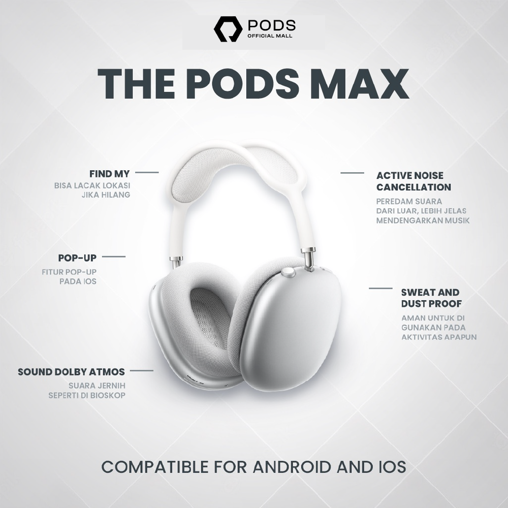 The Pods Max 2023 Wireless Bluetooth Headpones for IOS &amp; Android by Pods Indonesia