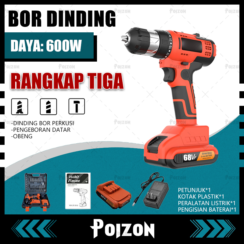 Poizon 68VF Mesin Bor Cordless/Baterai Tangan /Bor Baterai/ Bor Listrik/Beton Besi Kayu Full 68VF