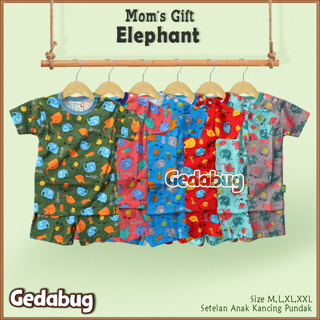 3 Setel - Setelan Kaos Anak Mom's Gift Elephant PENDEK | Setelan Baju bermain Anak Moms Gift | Gedabug