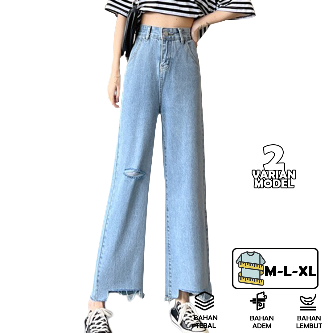 CELANA STRAIGHT JEANS WANITA  RIPPED JEANS SOBEK KOREAN PREMIUM HIGHWAIST-YOSINOGAWA