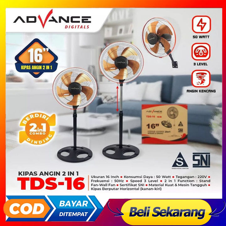 Kipas Angin 2in1 Stand/Wall Advance TDS-16 Kipas Angin 16 inch / Kipas Angin Berdiri &amp; Dinding baling baling 5 angin kencang