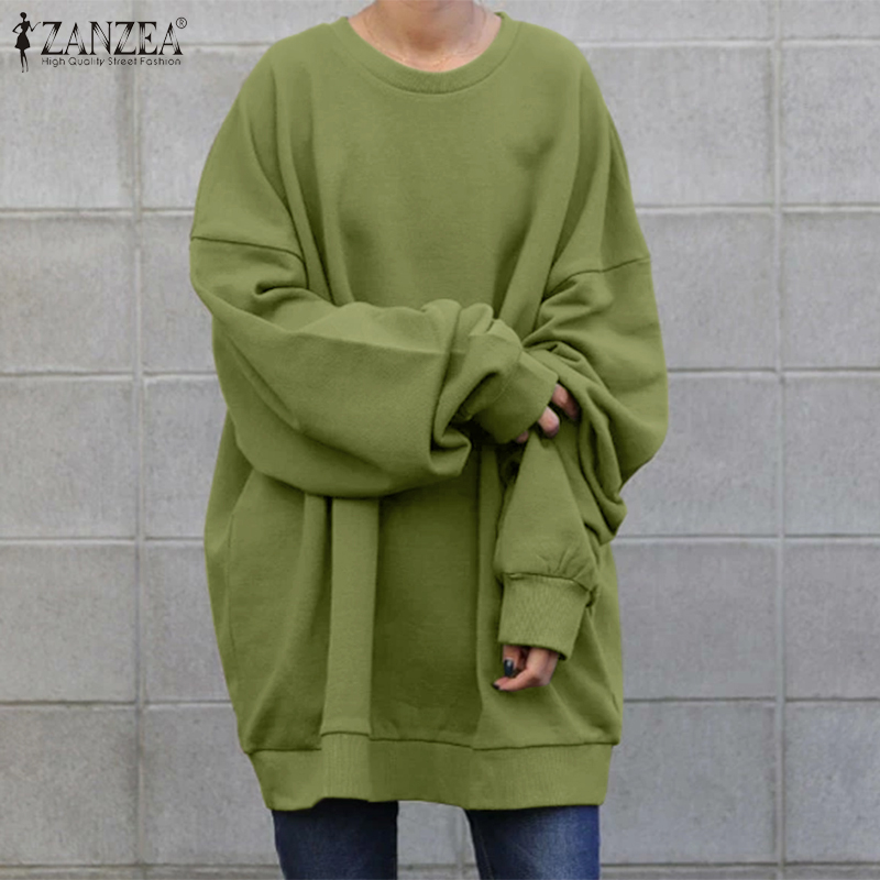 ZANZEA Women Casual O Neck Long Sleeve Solid Color All-match Midi Sweatshirt