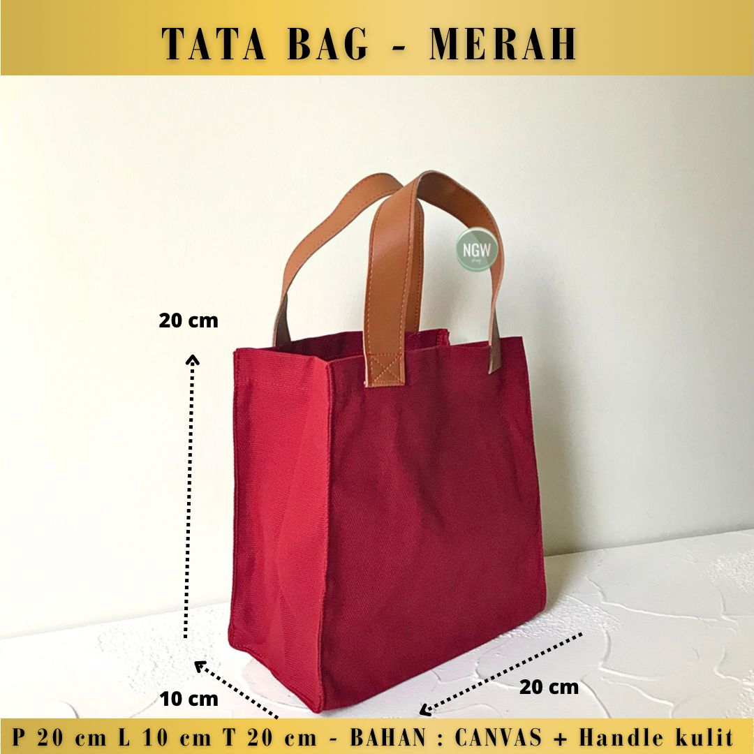 TATA BAG CANVAS MERAH uk 20x10x20 handle kulit goodie bag souvenir hampers