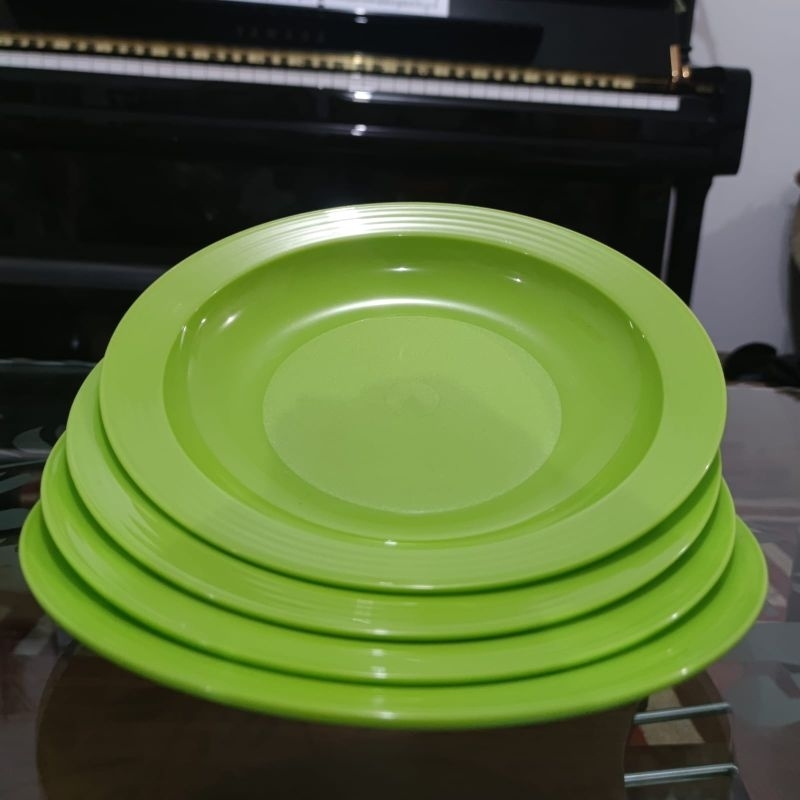 TUPPERWARE Large Deep Plate (4 pcs) // Piring Plastik Cekung Ulir Warna Hijau Besar Ecer Set Premium