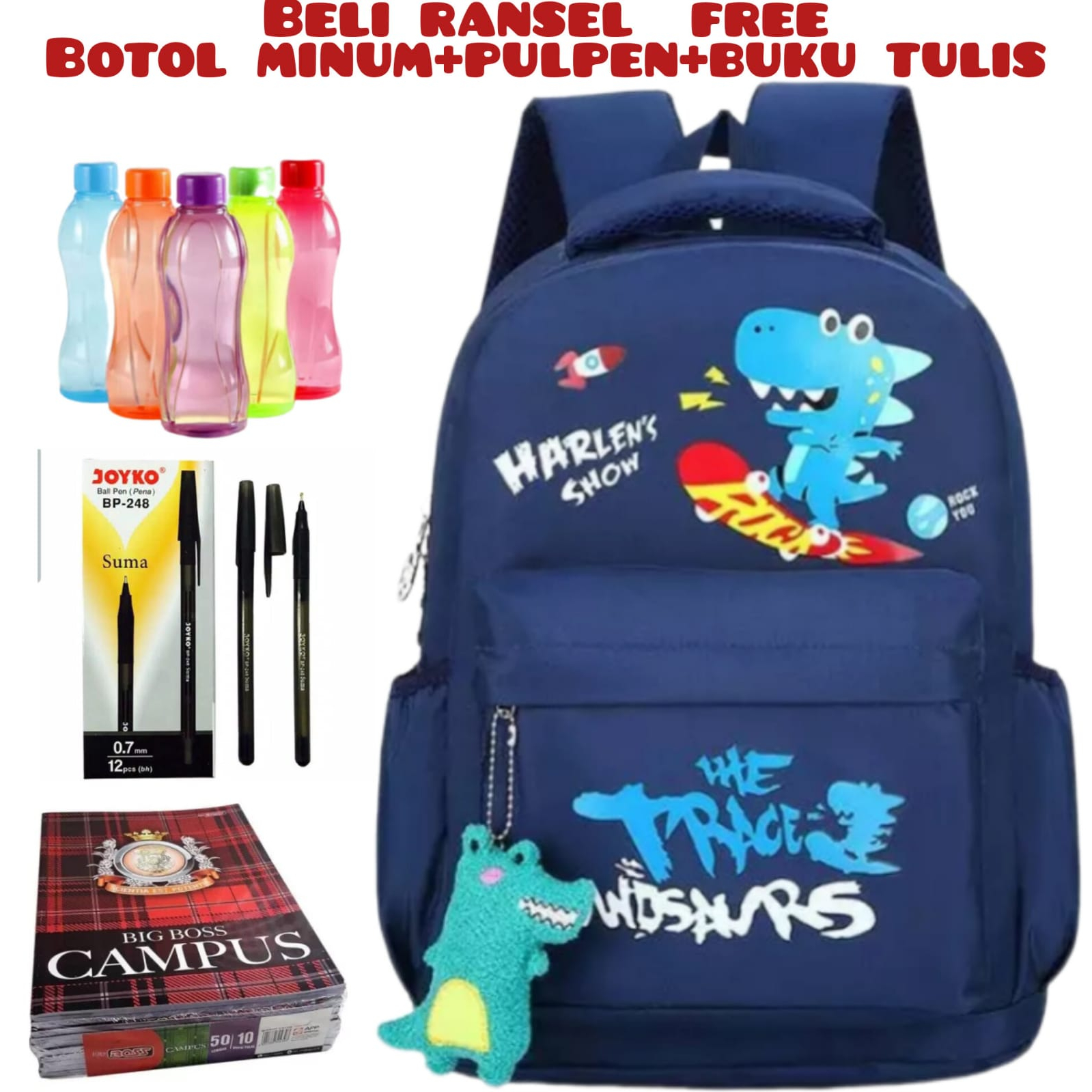 JS_BELI 1 DAPAT 4-Tas Ransel Sekolah Anak Laki-laki/Perempuan Backpack Tas Laptop Acer Unisex Tas Sekolah TK/SD Beli Ransel Free Botol Minum+Pulpen+Buku Tulis