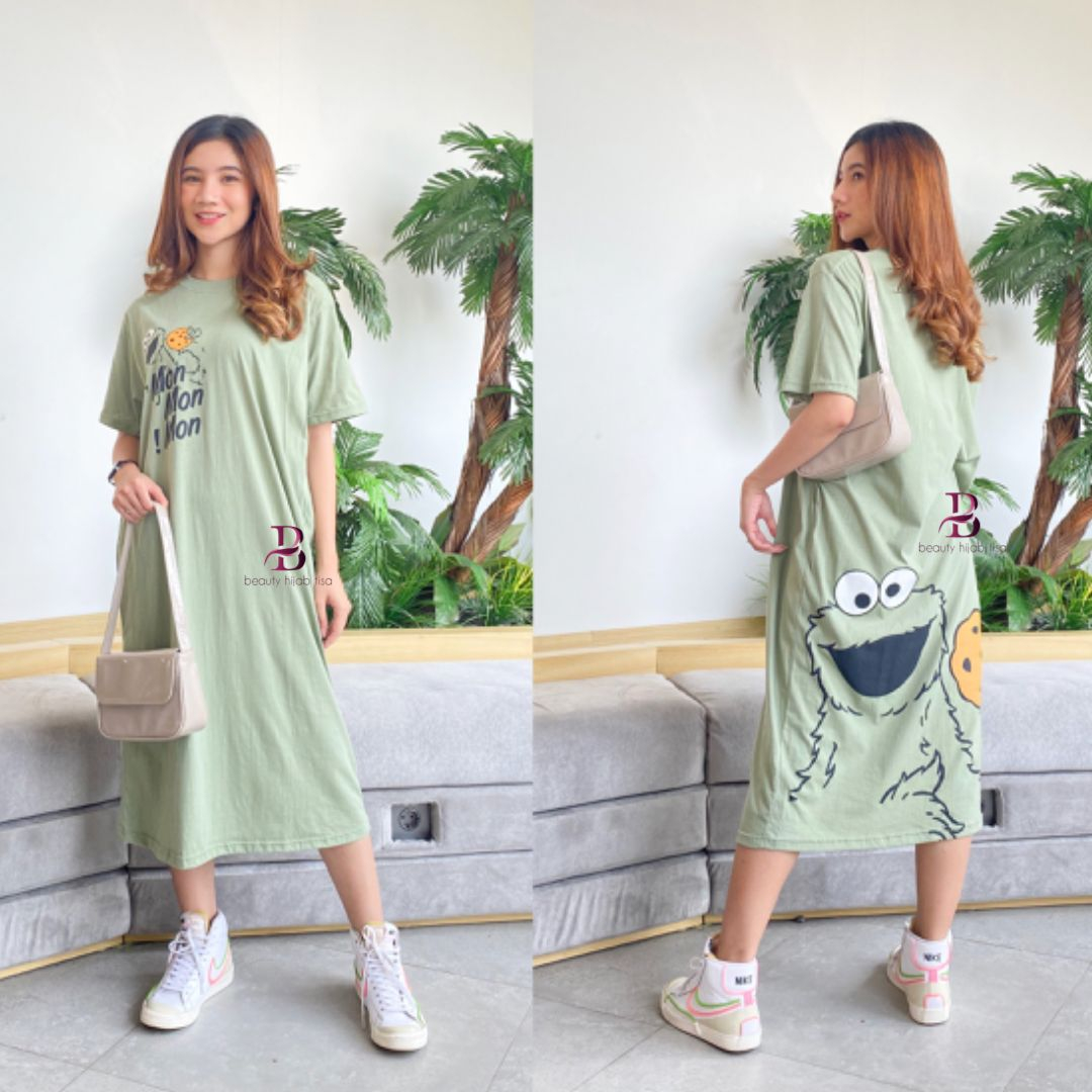 Kaos Lolita dress wanita oversize printing katun combed LD 125cm beautyhijab