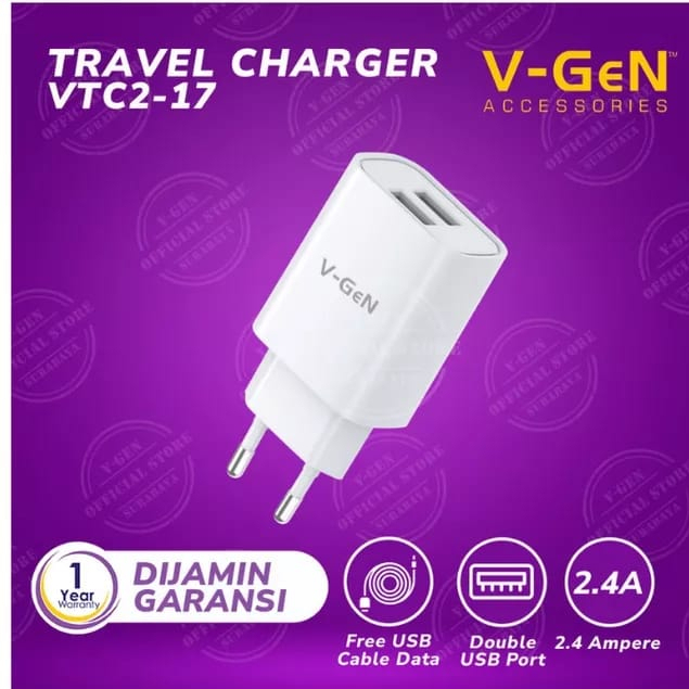 Adaptor Charger V-GeN VTC2-17 2.4A Dual Port USB free USB Micro Travel Charger VGEN