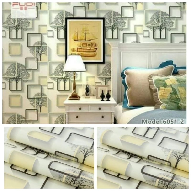 Wallpaper Sticker Dinding Motif Kotak Pohon Krem 3D