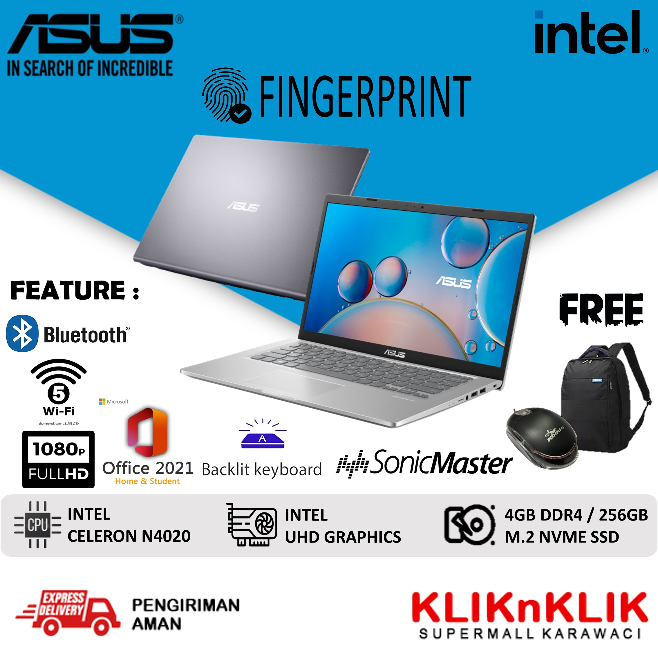 Laptop Baru Murah Asus VivoBook A416MAO INTEL N4020 8GB SSD 256GB 14 FULL HD WIN 11 + OHS