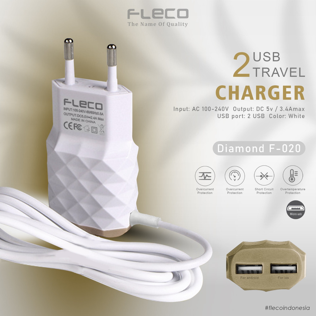 Quick Charge 3.1 USB Wall 2 USB slot Charger F-020 FLECO