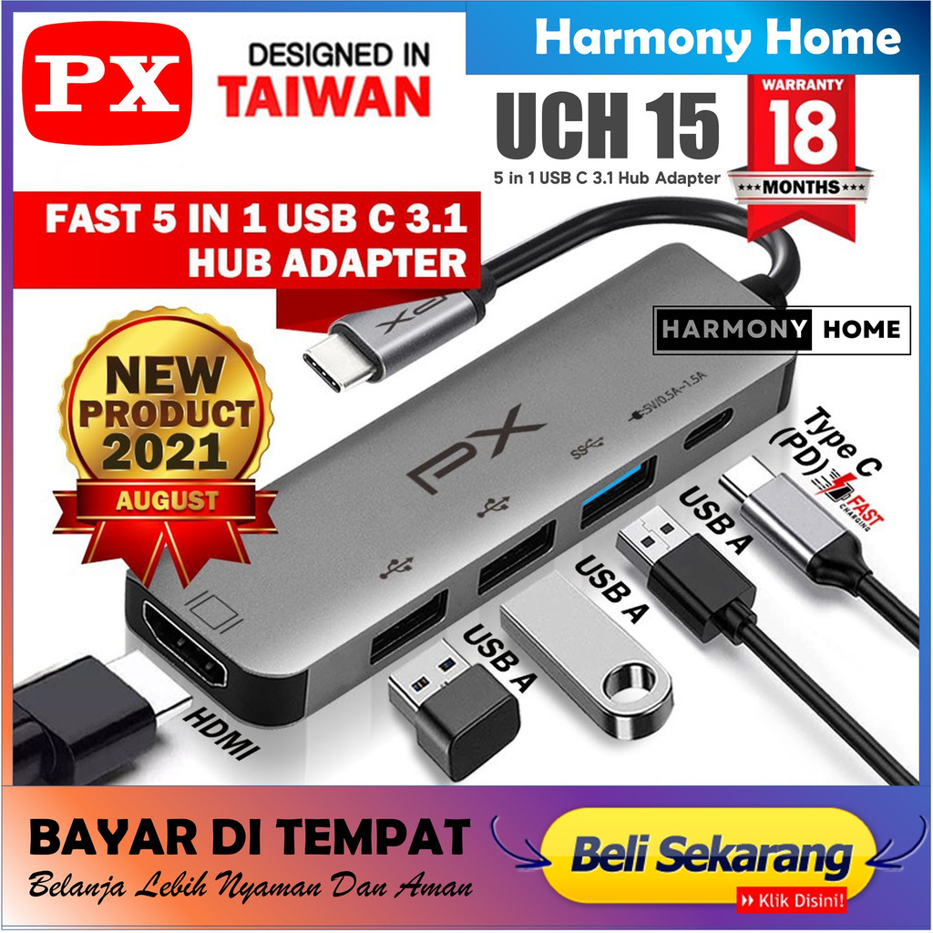 USB Hub PX UCH15 Converter 5 in 1 Type C to USB 3.0, Type C 3.1 Fast Charging &amp; 4K HDMI Support Apple MacBook, Windows &amp; Android [PX UCH15]