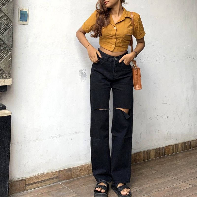 Celana Kulot Jeans Wanita Sobek Highwaist Loose Repped Panjang Hitam Snow Biru Fashion