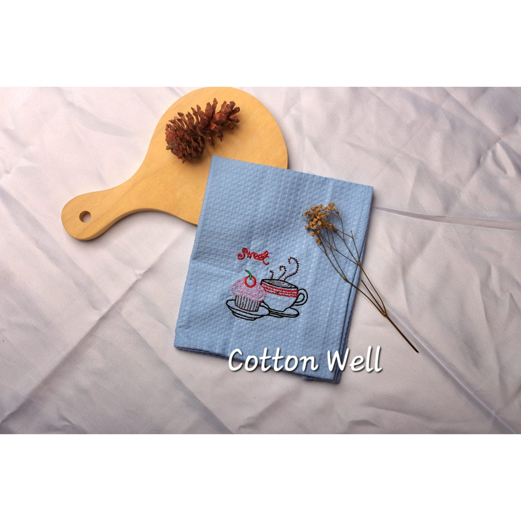 Serbet Waffle Exclusive Tebal Lembut Serap Air Motif Bordir Karakter Warna Warni Lembut Lap Gantung Kitchen Towel