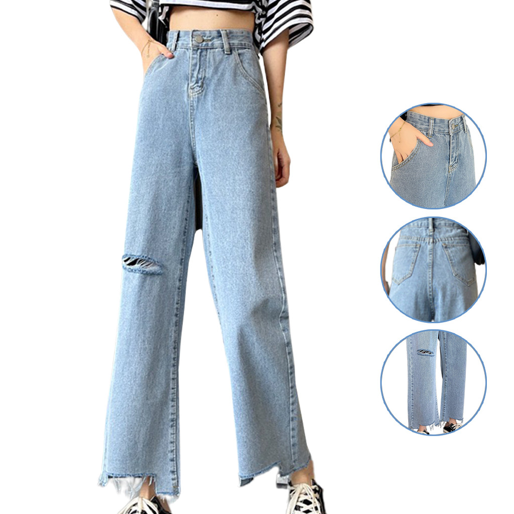 CELANA STRAIGHT JEANS WANITA  RIPPED JEANS SOBEK KOREAN PREMIUM HIGHWAIST-SOSOYO