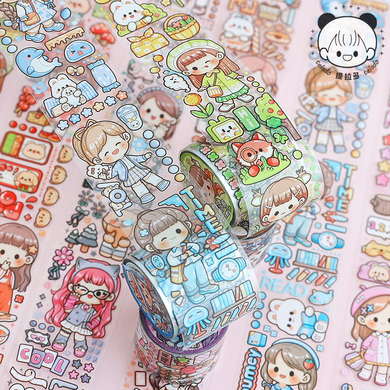 

PET Tape stiker aesthetic Masking tape sticker PVC Bening anti air Diary scrapbook DIY Motif karakter kartun lucu perempuan Waterproof daily planner Untuk dekorasi handbook