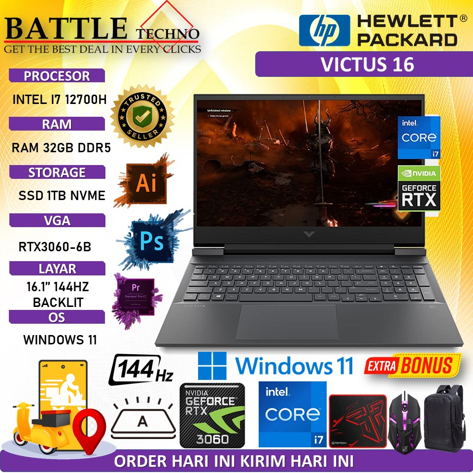 LAPTOP GAMING HP VICTUS 16 INTEL I7 12700H 16GB DDR5 1TB SSD RTX3060-6GB 16.1&quot; FHD 144HZ BACKLIT WIN11HOME BLACK