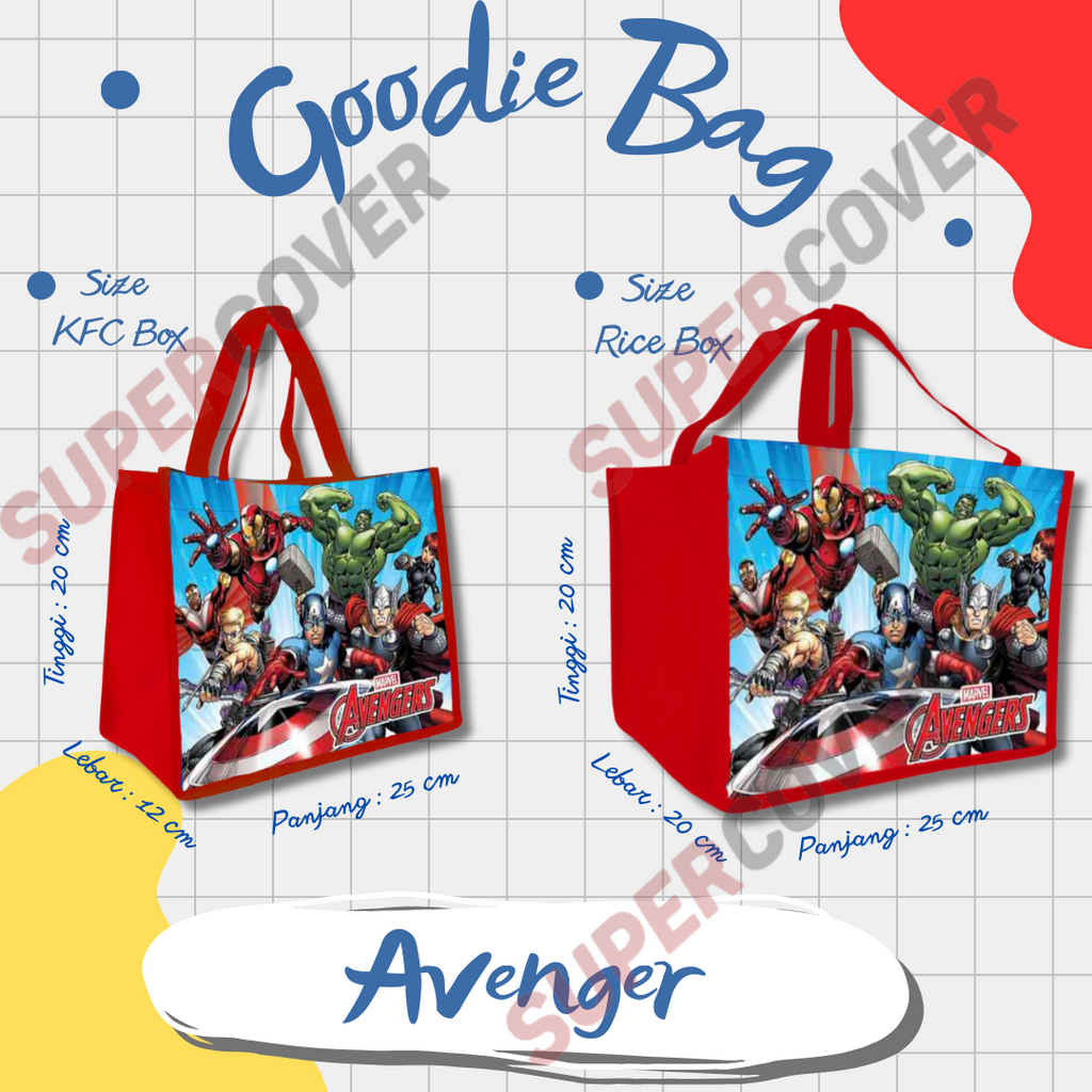 

Goodie Bag Gambar Kartun Karakter AVENGER Warna merah Termurah Dan Terlaris Untuk Acara Ulang Tahun, Aqiqah, Sunatan Dan Lain lain.