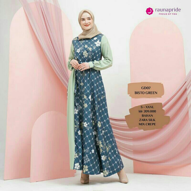 GAMIS SILK MOTIF RGD 07 BISTO GREEN ORIGINAL RAUNA FASHION DRESS BAJU BUSANA MUSLIM WANITA DEWASA BU