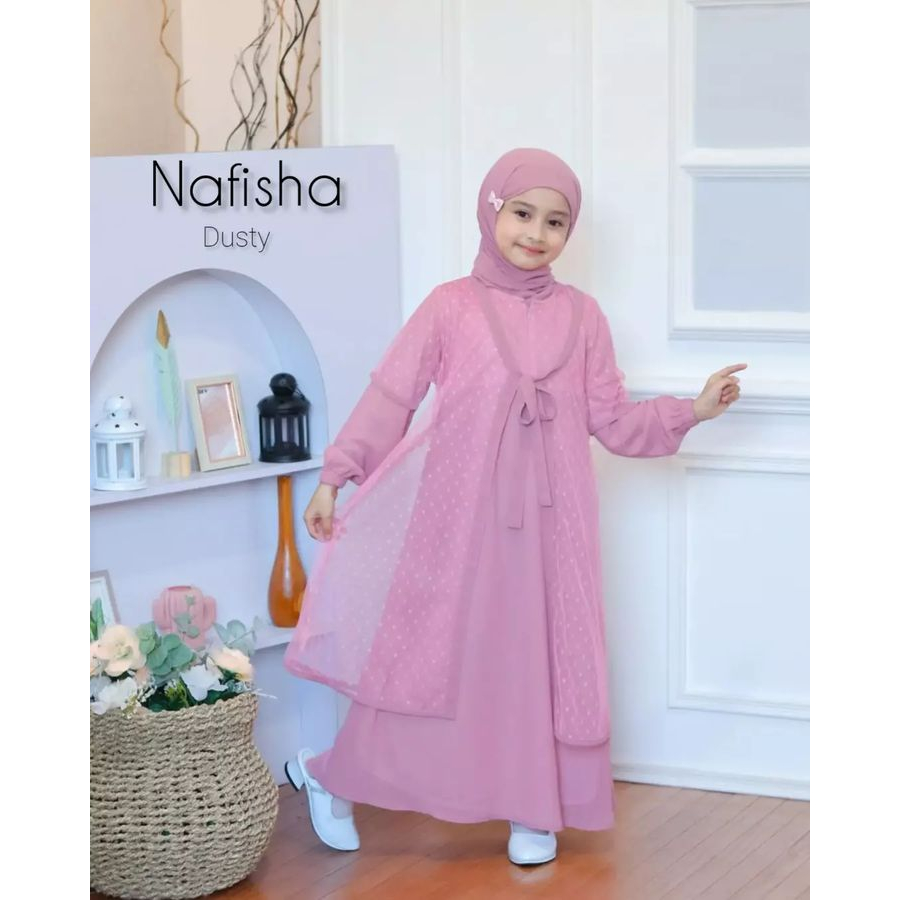 GAMIS ANAK NAFISHA KIDS SET PASHMINA BAHAN CERUTY BABYDOLL MIX TILE LD 80 - 95 PB 105 9 - 12 TH INNER OUTER PISAH ZIPPER DEPAN GAMIS ANAK TERBARU 2023 MODEL TERBARU DRESS ANAK PREMPUAN BAJU MUSLIM MODERN ANAK MODEL TERBARU WARNA SAGE