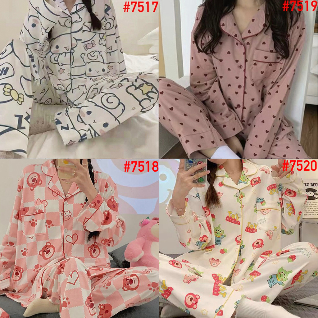 Piyama Baju Tidur Wanita Import PP Fashion Kerah Kancing Lengan Panjang Celana Panjang