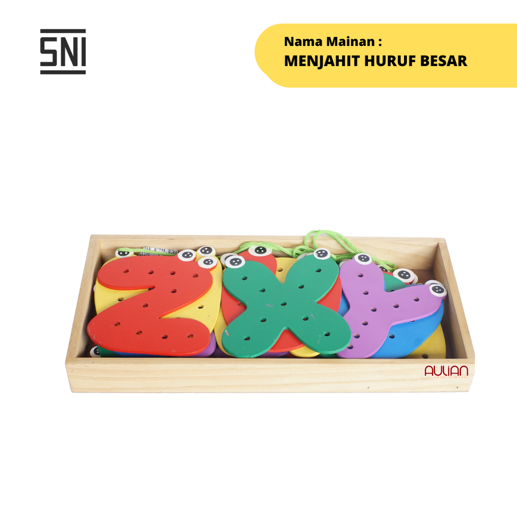 MAINAN EDUKASI ANAK / MAINAN KAYU / APE PAUD - MENJAHIT HURUF BESAR MATA