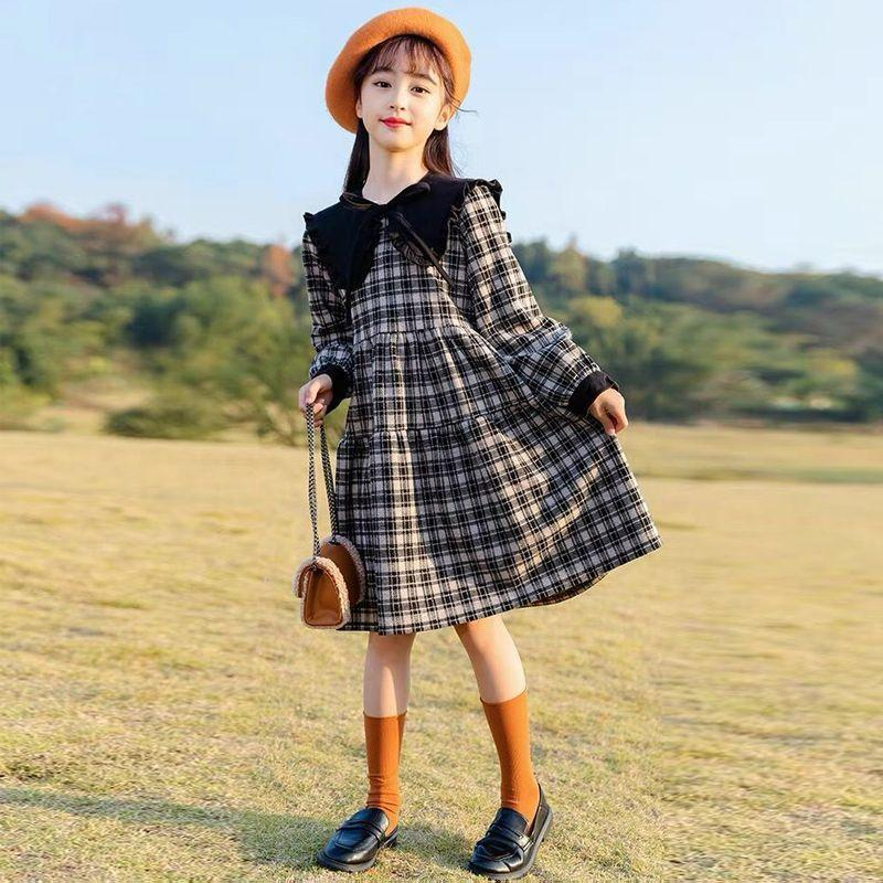 KFCAT Dress Gaun Rok Lengan Panjang Anak Perempuan Flanel Kotak Renda Korean Style