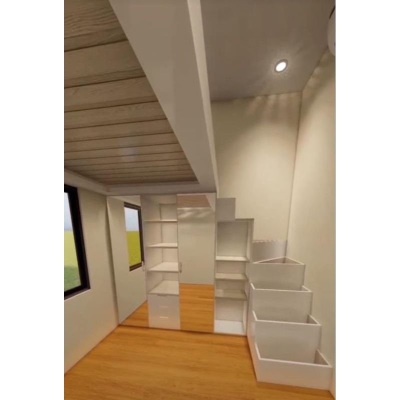 Ranjang gantung mezzanine tangga laci dan lemari baju anak dan lemari pakaian dewasa