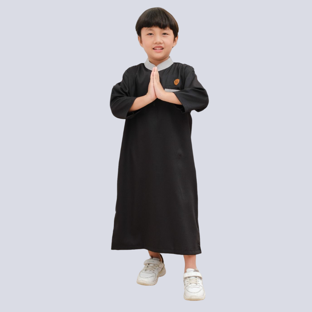 Kawan Muslim - Jubah Gamis Anak Laki Laki Lengan Panjang Bahan Katun Premiun Usia 1 Sampai 14 Tahun Navy Hitam Putih Abu-HITAM