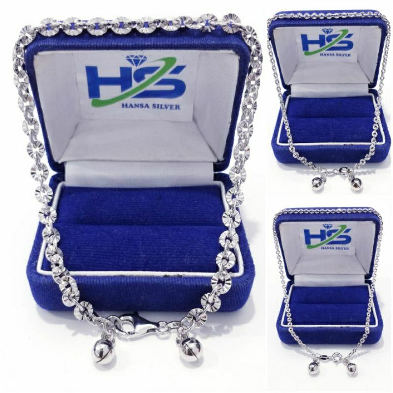 Gelang Kaki Perak Asli Silver 925 Lapis Emas Putih Model Rantai Nori Ukir Padat - Gelang Kaki Wanita Anti Karat